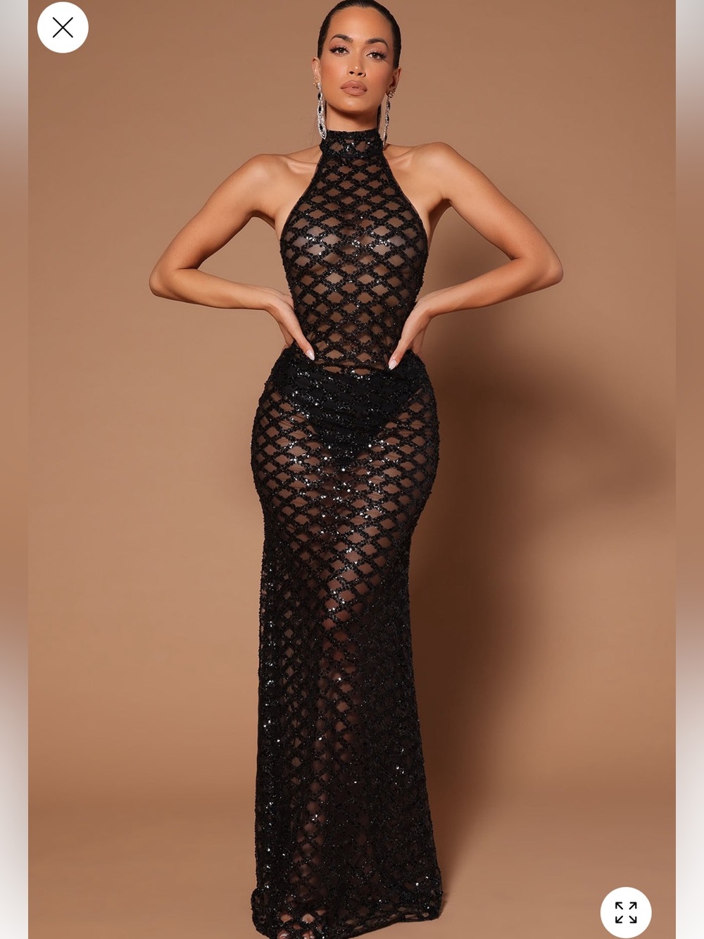 Bold/Sexy Sheer Black Sequin Halter Maxi Dress
